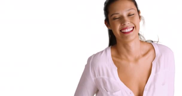 Retrato Hermosa Mujer Caucásica Sonriendo Riendo Estudio Mujer Alegre Sonriendo — Vídeo de stock