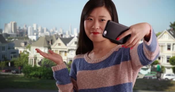 Casual Millennial Woman Using Smartphone Take Selfie Front Painted Ladies — Stock Video