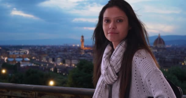 Female Backpacker Italy Making Eye Contact While Bridge View Florence — Stock Video