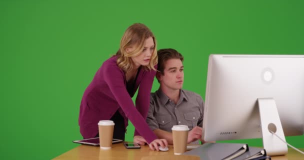 성공적 사업가는 동료가 화면에서 컴퓨터로 일하는 감독합니다 초록빛 바탕에 열쇠를 — 비디오