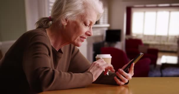 Glada Äldre Kvinna Som Innehar Kreditkort Med Hjälp Mobil Enhet — Stockvideo