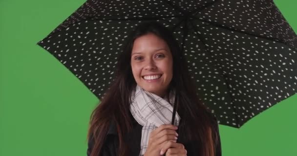 Retrato Una Mujer Bonita Posando Con Paraguas Pantalla Verde Hermosa — Vídeos de Stock