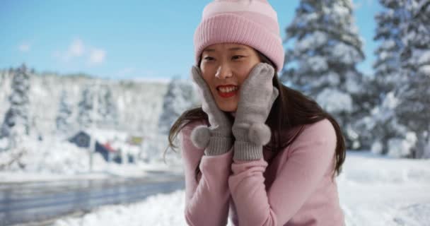 Angenehme Millennial Frau Posierte Sitzend Und Winterlichen Outfit Der Verschneiten — Stockvideo