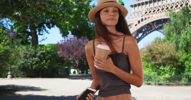 Pretty Tourist Woman Her Coffee Texting Eiffel Tower Stylish Caucasian — Stock Video