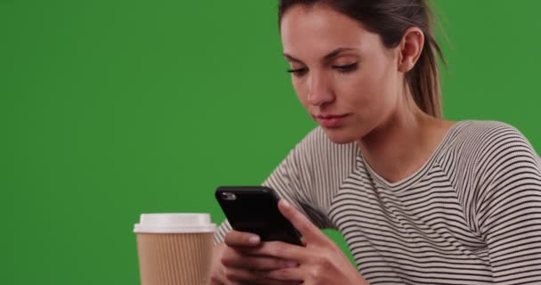 Millennial Woman Sitting Cafe Table Texting Mobile Phone Greenscreen Happy — Stock Video