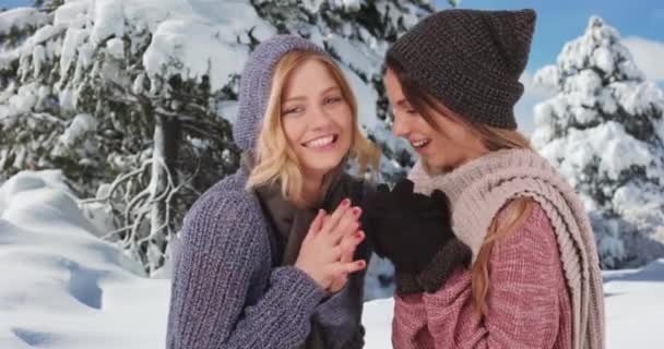 屋外の雪景色の中で豆やスカーフで暖まるかわいい白人の女の子 魅力的な若い女性のペアは冬の雪の準備ができて寒さを感じる — ストック動画