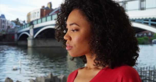 温莎的非洲女人凝视着远方的河流 在英国温莎 看上去平静的黑人女性在屏幕外观看 — 图库视频影像