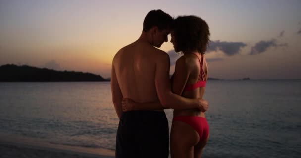 Charming Mixed Race Millennial Couple Watching Sunset Beach — Stock Video