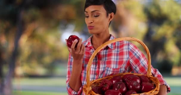 おいしい赤いリンゴと笑顔の一口を取って若い黒人女性の肖像画 熟れた果実のバスケットを保持している陽気な農家は 彼女の農産物を試飲し 承認にうなずきます — ストック動画