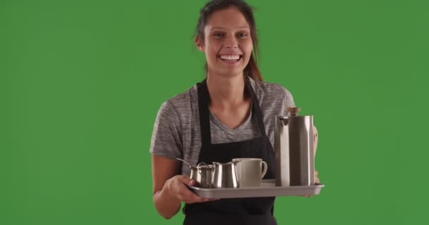 Destul Chelneriță Care Transportă Tavă Băutură Cafea Ecran Verde Minunată — Videoclip de stoc