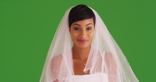 Porträt Einer Schönen Jungen Braut Brautkleid Und Schleier Auf Grünem — Stockvideo