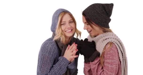 Portret Van Twee Blanke Vrouwen Winterkleding Die Warm Willen Blijven — Stockvideo
