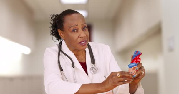 Médico Negro Mais Velho Usa Coração Falso Para Explicar Procedimento — Vídeo de Stock