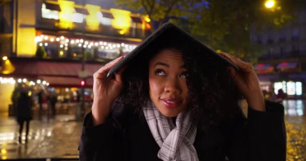 Woman Using Laptop Computer Protect Herself Rain City Street Night — Stock Video