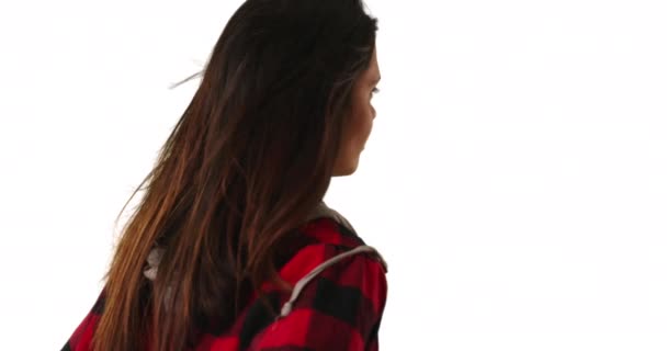 배경의 카메라에서 시선을 돌리는 플란넬 재킷을 소녀의 뒷모습 솔로몬 시대의 — 비디오
