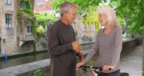 老生常谈 互相认识 健康而活跃的老年人在城市的室外谈话 — 图库视频影像