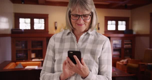 Charmante Vieille Dame Utilisant Appareil Mobile Pour Communiquer Avec Ami — Video