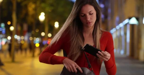 Young Woman Taking Phone Out Purse Send Text Standing Paris — Stock Video