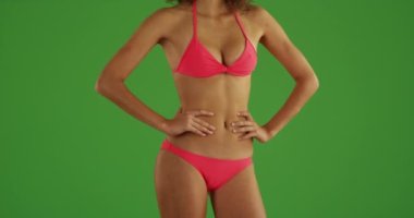 Yeşil ekranda güneşli bir ekranda bikini giyen siyah kadın portresi. Anahtar ya da birleşik olmak üzere yeşil ekranda.