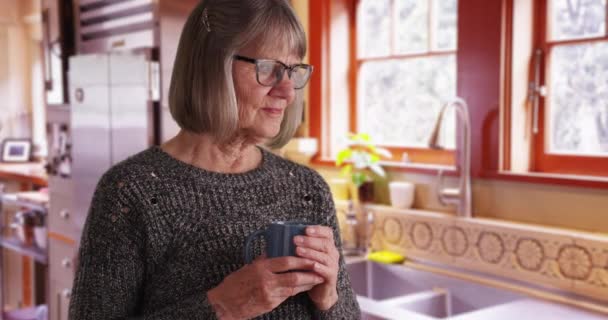 Poważna Dojrzała Kobieta Trzymająca Filiżankę Kawy Kicha Domowej Kuchni Starsza — Wideo stockowe