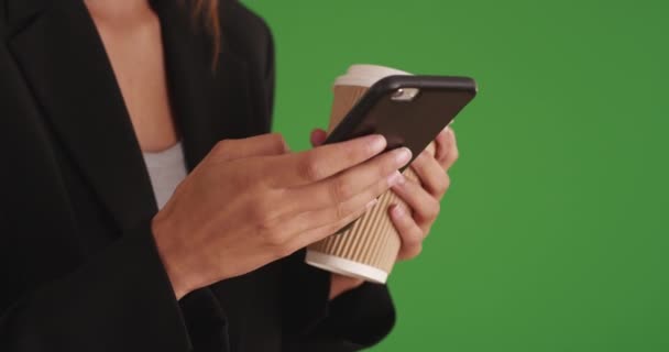 Primer Plano Mujer Negocios Utilizando Teléfono Inteligente Mensajes Texto Mientras — Vídeos de Stock