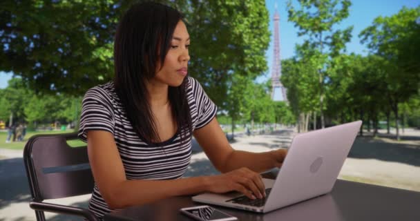パリの公園でノートパソコンで働く黒人女性とコーヒーを飲む エッフェル塔の近くにコーヒーが座っているパリのビジネス女性は コンピュータを入力します — ストック動画
