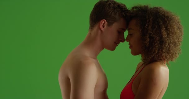 Close Mixed Race Couple Cuddling Together Beach Green Screen Green — Stock Video