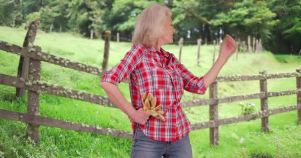 誇りを持って田舎の財産を探しているフランネルシャツのシニア女性 家族の農業ビジネスを誇りに園芸手袋を保持する喜びの農家 — ストック動画