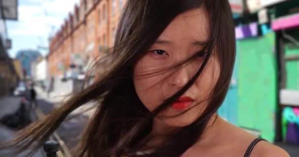 Nahaufnahme Einer Schönen Millennial Frau Mit Haaren Die Wind Britischen — Stockvideo