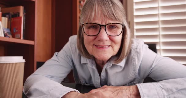 Κοντινό Πλάνο Της Αξιαγάπητης Ηλικιωμένης Γυναίκας Βίντεο Συνομιλίας Ενώ Κάθεται — Αρχείο Βίντεο