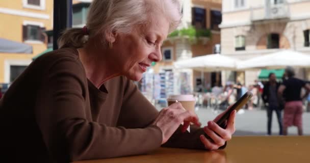 Happy Senior Touriste Réservation Vol Sur Téléphone Portable Tout Étant — Video