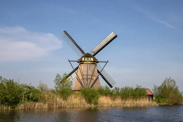 Nehir kenarındaki Kinderdijk 'te yel değirmeni