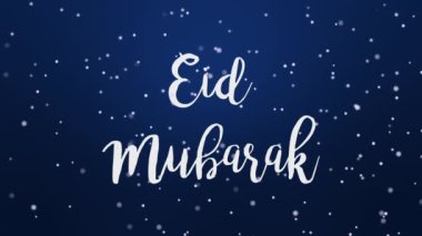 Bayram Mübarek tebrik kartı video animasyonu el yazısıyla yazılmış metin ve parlak parçacıklar koyu mavi arkaplanda yanıp sönüyor.
