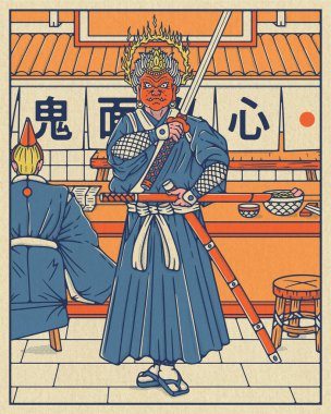 Şeytani maskeli bir samuray, geleneksel bir Japon restoranını yerken efendisini koruyor..