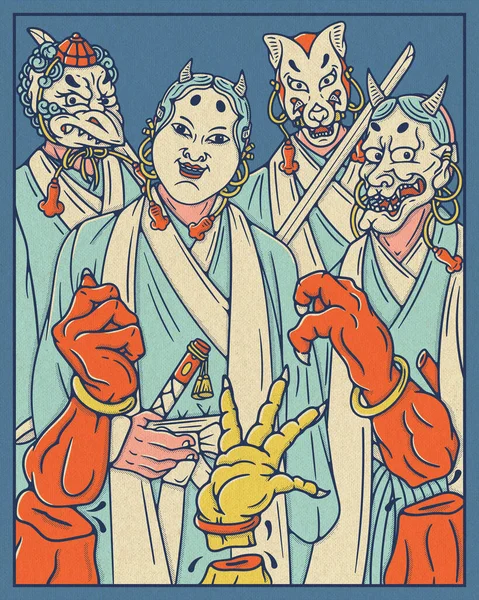 四个日本武士带着玉木面具保护我们远离妖魔鬼怪 图库插图