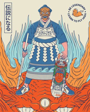 Ejderhanın kafasında kaplan maskesi olan Japon bir samuray kaykay tutuyor.