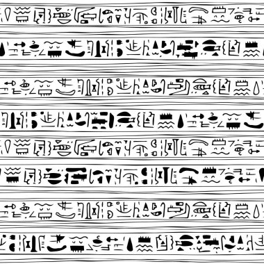 Hiyeroglifler gibi balıklar, dalgalar, yüzler ve diğer semboller içeren soyut sınır çizgisi siyah, beyaz, kusursuz modern desen.