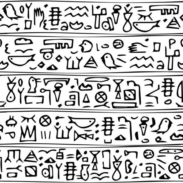 Starověké Ručně Kreslené Černé Čáry Bezešvé Vzor Hieroglyfy Symboly Lidí — Stockový vektor