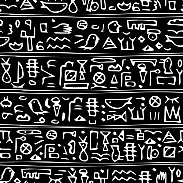 Hand Drawn Hieroglyphs Ancient White Modern Seamless Pattern Line Symbols — Stock Vector