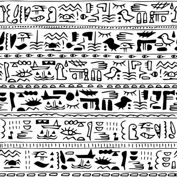 Egyptian African Theme Seamless Pattern Ethnic Tribal Drawing Black White — Stock Vector