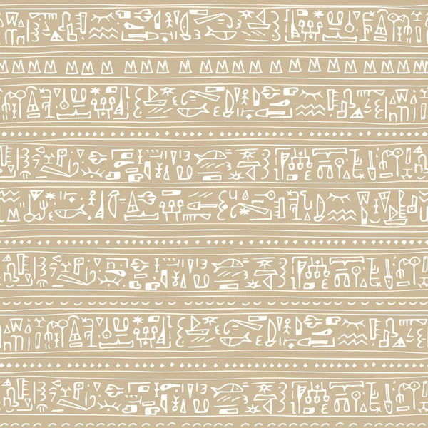 米色白线手绘波荷矢量无缝图案边界与埃及符号象形文字 可用于面料 印刷品等方面 — 图库矢量图片