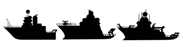一套用于海上探险的黑色轮廓研究船 配有白色背景的直升机图解的远征船形状 可用于探险探险航行主题 — 图库矢量图片