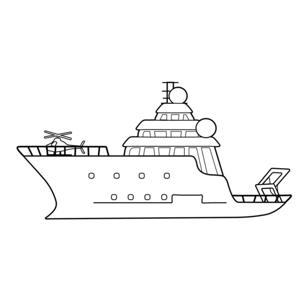 Black White Research Vessel Sea Exploration Expedition Ship Helicopter Illustration — Stock Vector