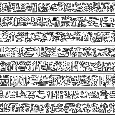 Beyaz uçsuz bucaksız arkaplanda Mısır hiyerogliflerine benzeyen sembollerle kusursuz desensiz bir desen kenarının vektör modası basit çizimi