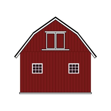 Pencereleri ve kapıları olan düz kırmızı ahşap bir ahır. Beyaz arkaplanda izole illüstrasyon.