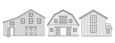 Boyama kitabı için bir dizi siyah beyaz çizgi kırmızı çiftlik ahşabı. Beyaz arkaplandaki nesnelerin izole çizgi çizimi.