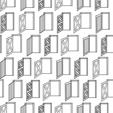 Açık kapıların kusursuz deseni. Beyaz arka plandaki ahşap evlerin siyah beyaz ana hatları.