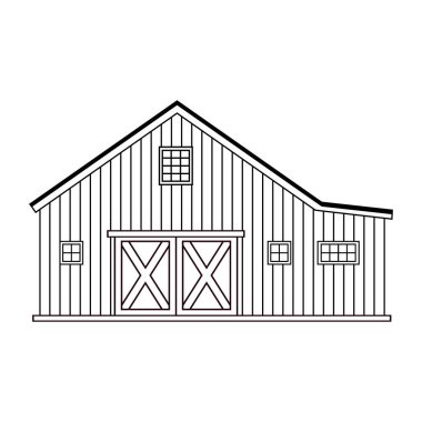 Siyah ve beyaz geometrik tek renkli çizgi ahşap ahır ya da çiftlik evi. Boyama kitabı veya sayfalar için beyaz arkaplan üzerinde izole vektör dış ev çizimi