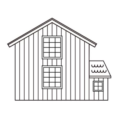 Boyama kitabı için basit siyah beyaz tek renkli çizgi ahşap ahır. Beyaz arkaplanda izole vektör illüstrasyonu