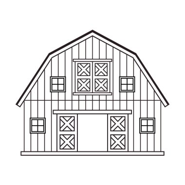Siyah beyaz tek renkli ahşap kapılı ahır. Boyama kitabı veya logosu için beyaz arkaplan üzerinde izole vektör illüstrasyonuName